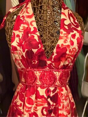 Adrianna Papell Red and Cream Floral Halter Midi Dress